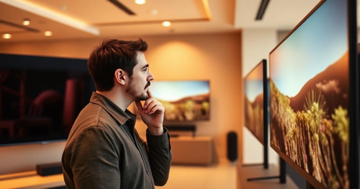 Person in front of multiple Smart TVs in a showroom while choosing which one to buy