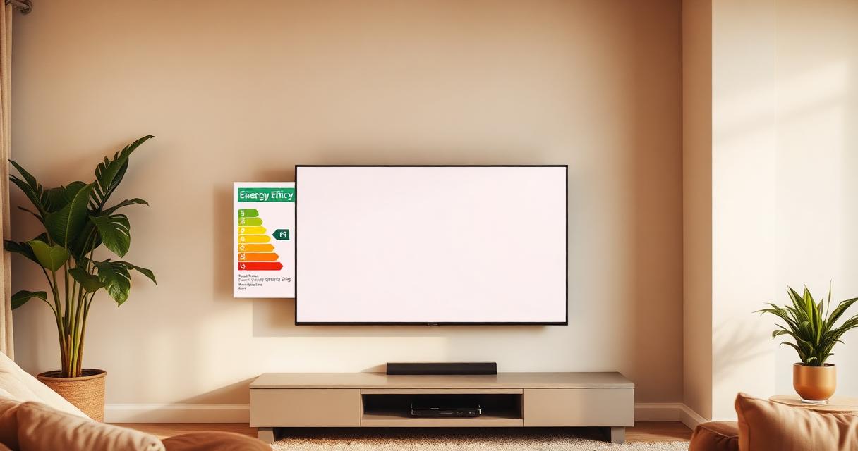 Smart TV in a living room next to a European energy label
