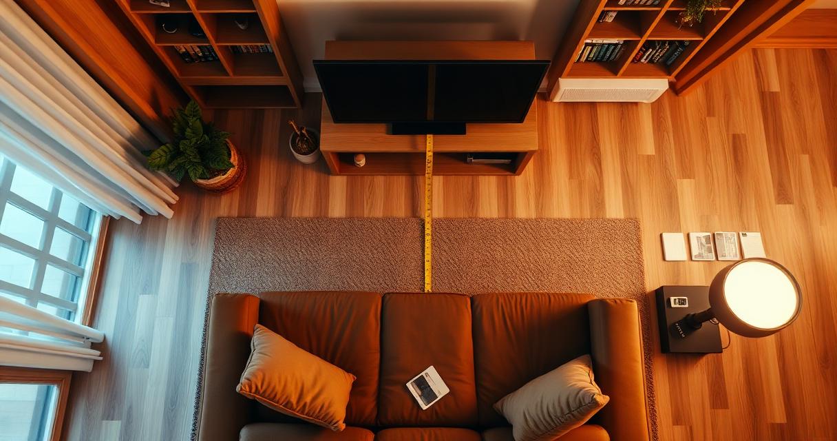 Top-down view of a living room with sofa and wall-mounted TV, tape measure stretched between them