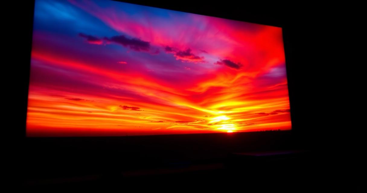 4K HDR panel showing a cinematic high-contrast sunset in a dark room