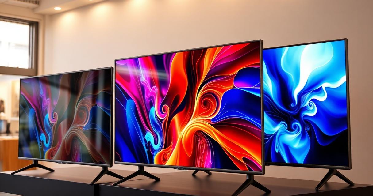 Three Smart TVs side by side in a showroom: OLED, QLED and LED compared