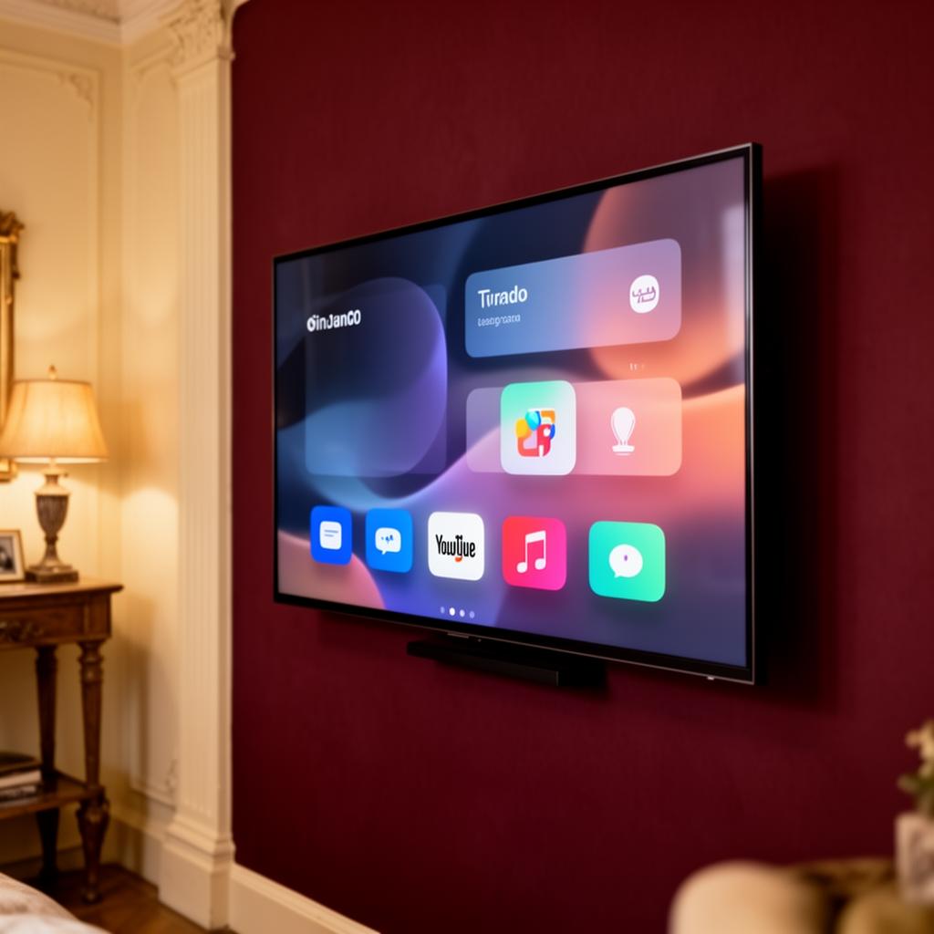 Modern Smart TV interface in a bordeaux living room