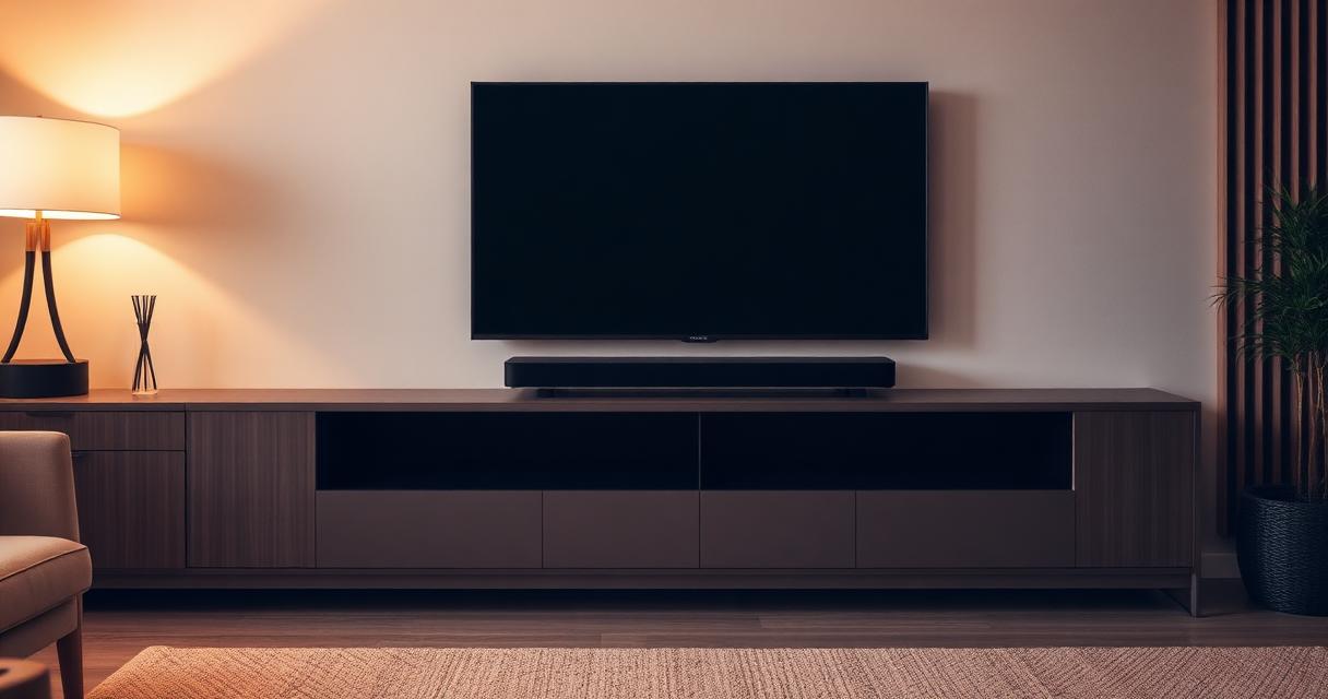Elegant soundbar under a wall-mounted Smart TV in a modern living room