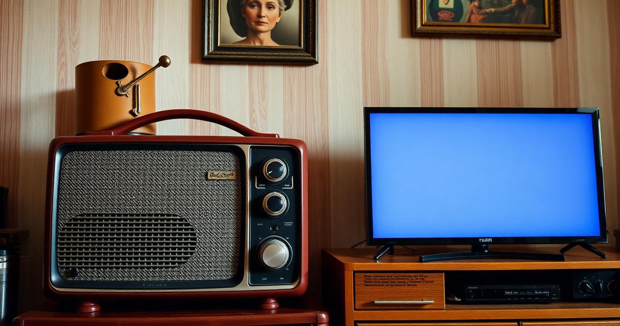 1950s Italian valve radio next to a modern Smart TV in a Bologna interior