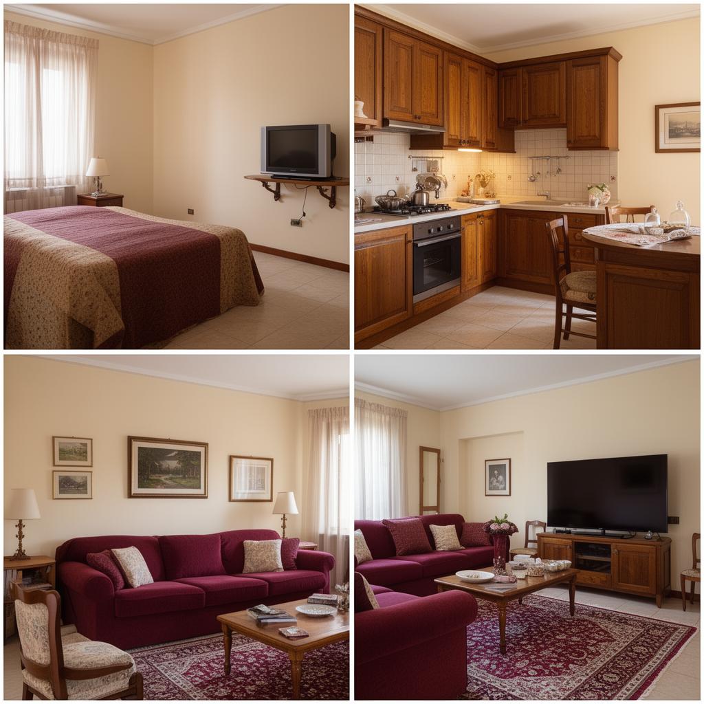 Three Italian interiors — bedroom, kitchen and living room — with TVs of different sizes