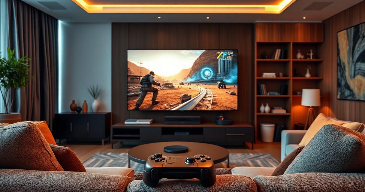 Living room with a large 4K Smart TV and a game controller on the sofa in the foreground