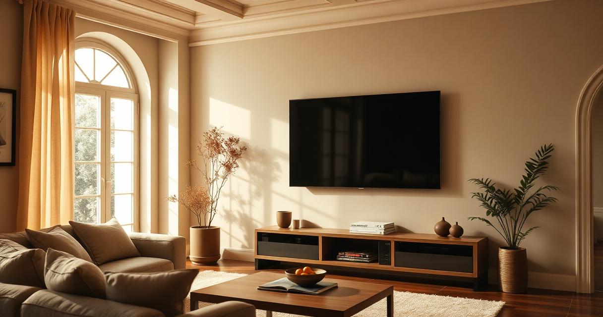 Salotto italiano con grande Smart TV 4K appesa a parete e divano frontale
