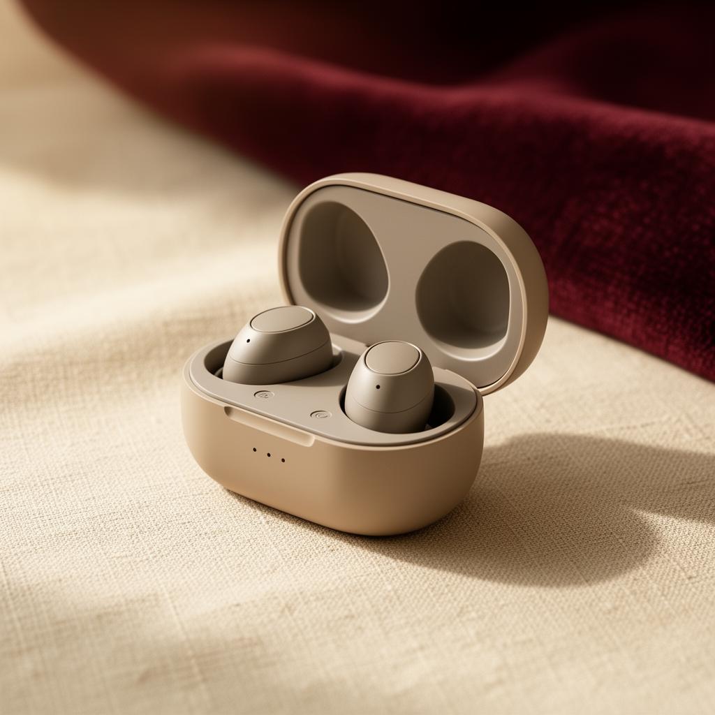 TWS wireless earbuds with charging case on cream-coloured fabric