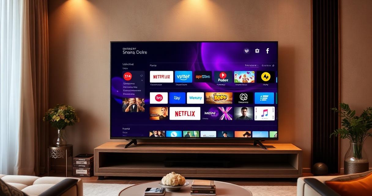 Browser web aperto sulla home di webOS in una Smart TV Sinudyne in soggiorno
