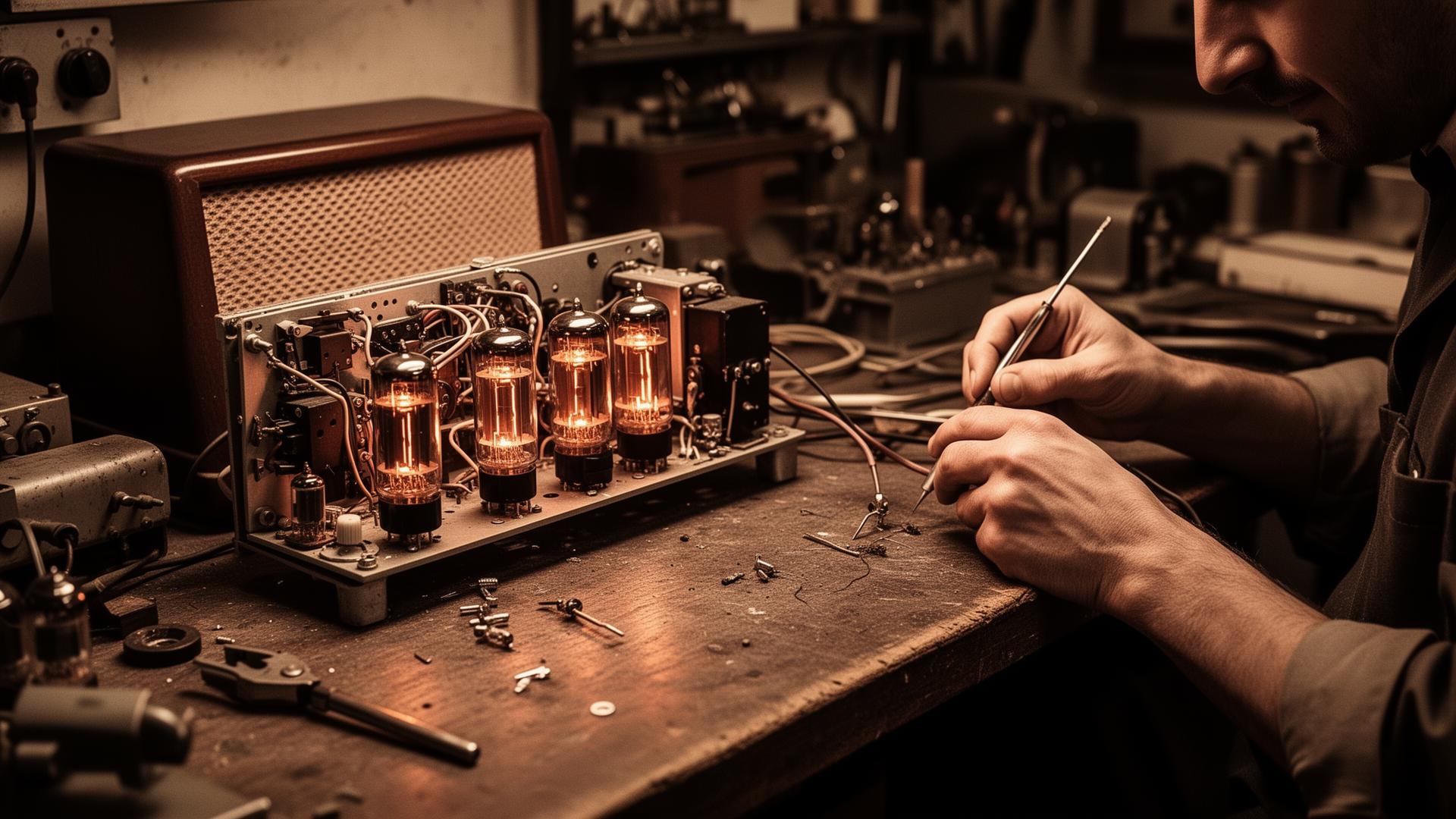 Vintage electronics workshop with valve radios, a nod to Sinudyne's heritage